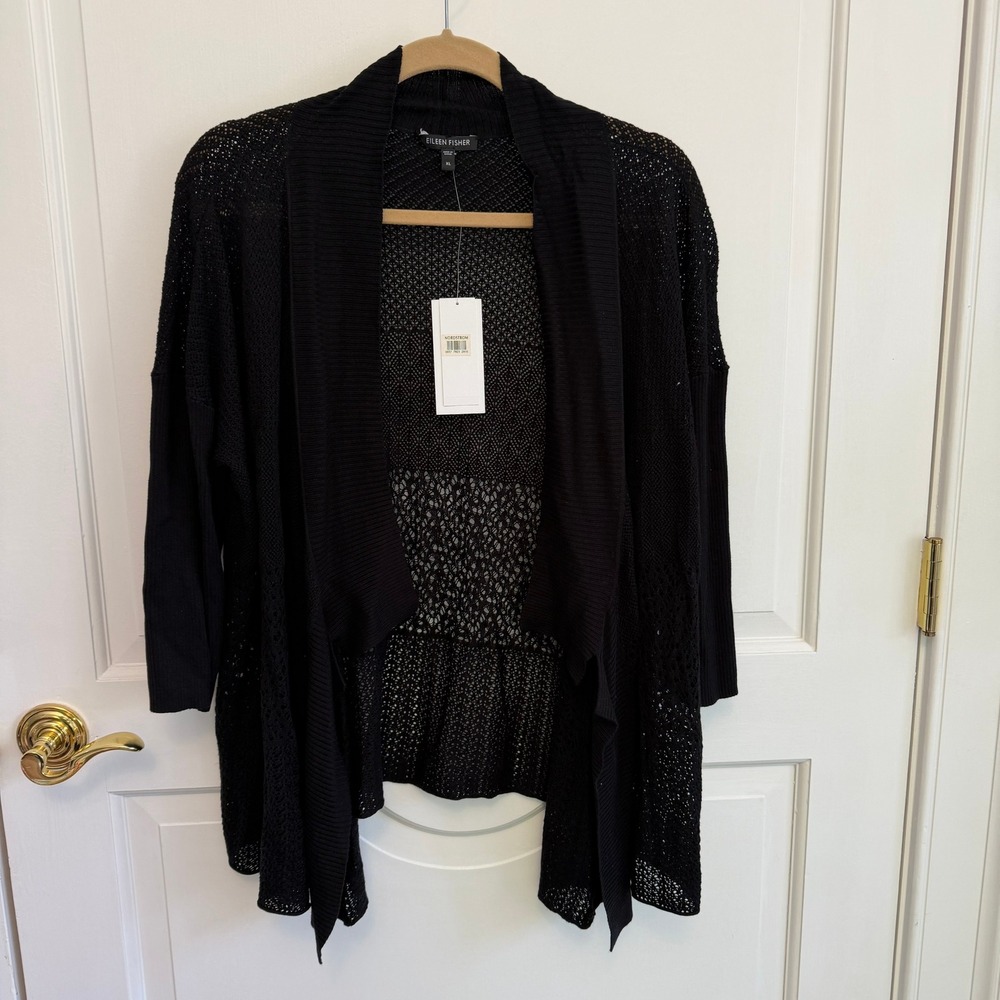 Eileen Fisher Black Silk Viscose Mixed Lace Knit Open Cardigan NWT XL